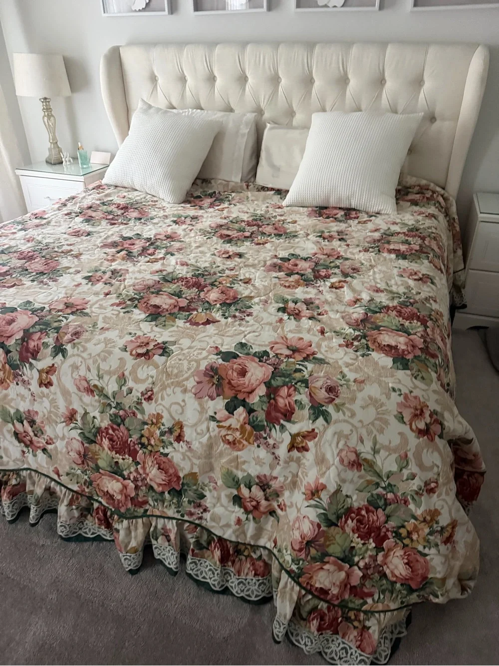 Floral Quilted Bedspread Garden Pink Red Cream Cal King Country Farmhouse